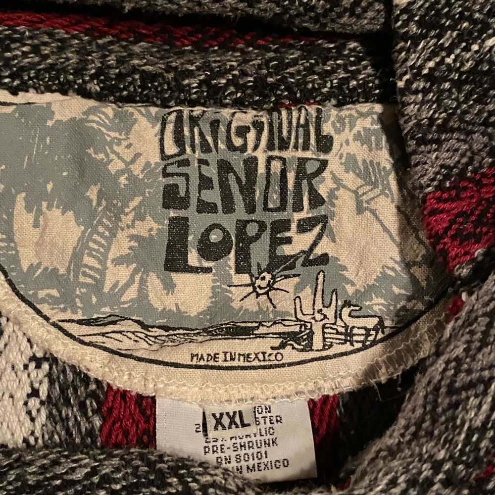 Original Senor Lopez Mexican Baja Hooded Pullover Gray Striped Surf Poncho XXL